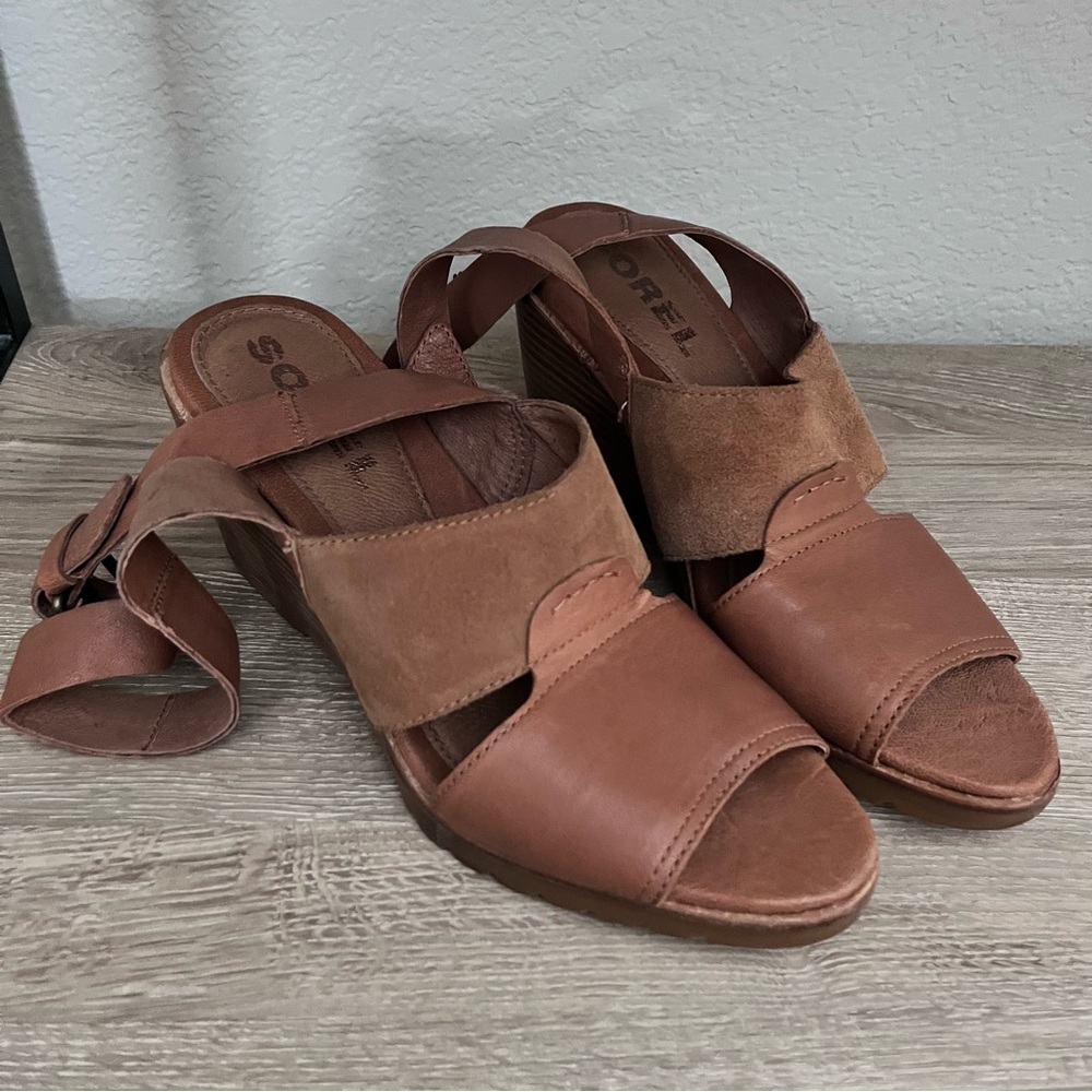 Women’s 9.5 Sorel After Hours Sandal Comfy Wedge in Camel Brown Leather - Picture 9 of 16